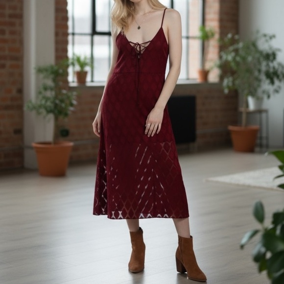 Band of Free Burgundy Diamond Pattern Lace-Up Spaghetti Strap Midi Dress - Picture 1 of 8